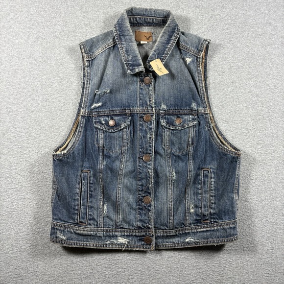 American Eagle Outfitters Jackets & Blazers - ⁠American Eagle Distressed Denim Vest Womens XL NWT Blue Jean Sleeveless Jacket⁠